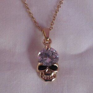 Skull Pendant Necklace and Earrings Set Rhinestone Gothic Chain 20"